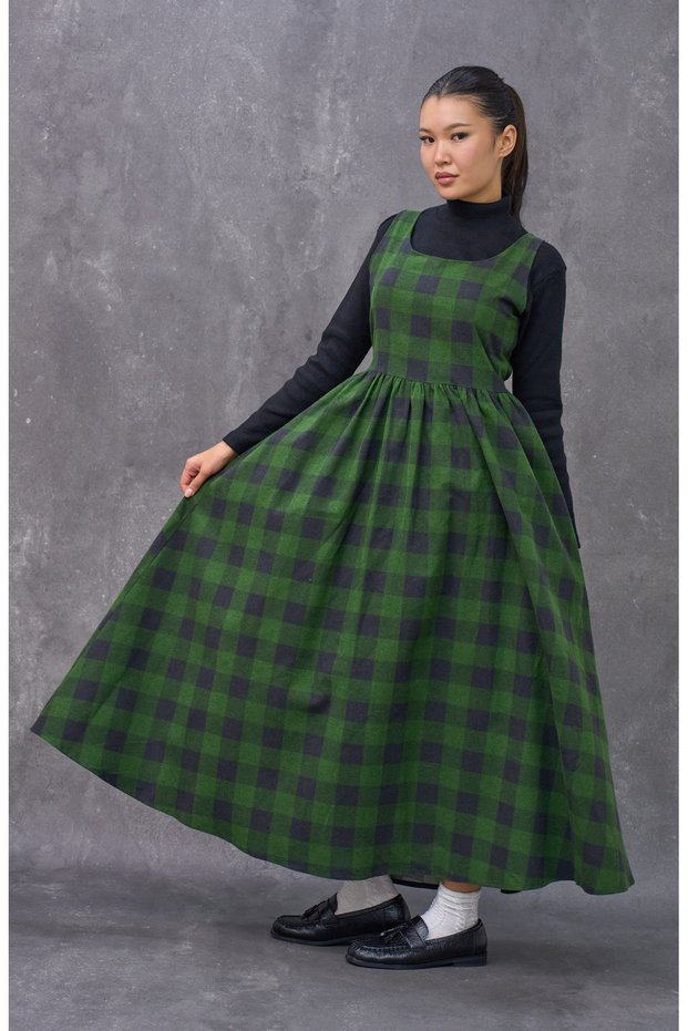 Green Checker Pattern Cotton Plaid Gilet Dress