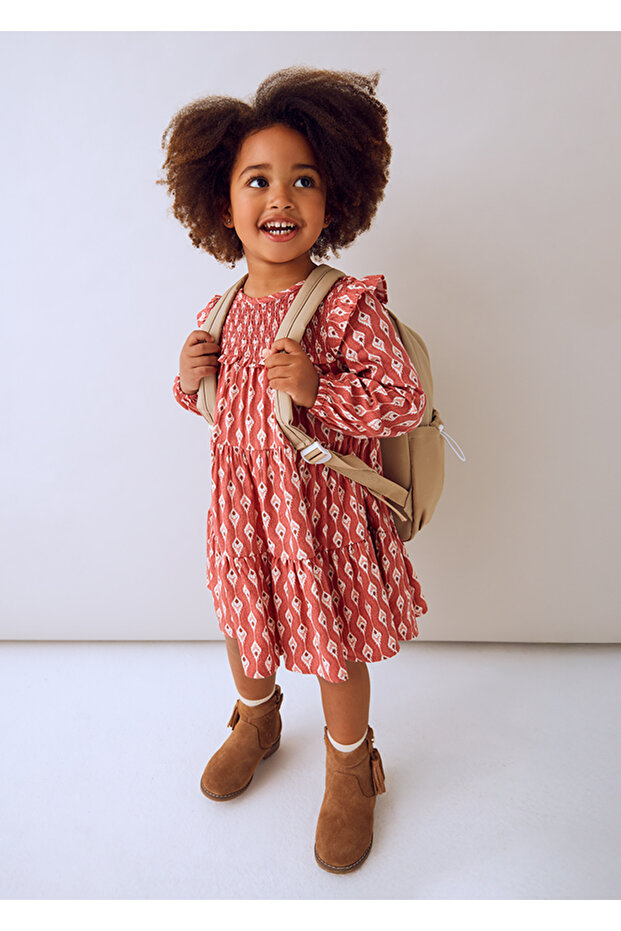 Girl's Red Patterned Dress (4-10 Years) – Long Sleeve, Crew Neck, Cotton Lining