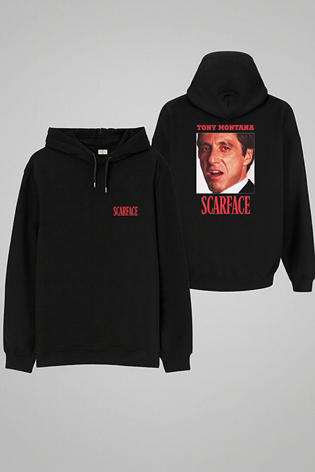 Scarface Injured Face Printed Black Hooded Hoodie Sweatshirt