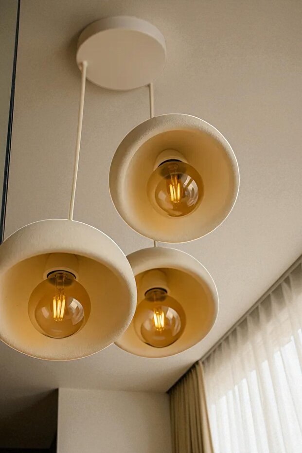 Beton Görünüm 3’lü Sarkıt Avize Toz Tutmayan Bio Yapı, Loft İskandinav Bohem, Rustik Ampul İçerir - 3