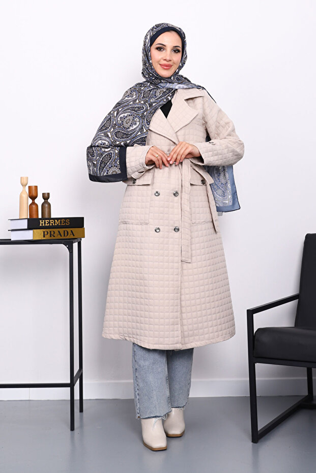 Quilted Coat with Stone Belt and Pocket Detail