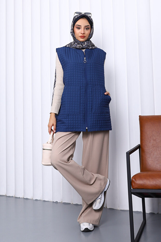 Lacivert Kapitone Astarlı Yelek - 3