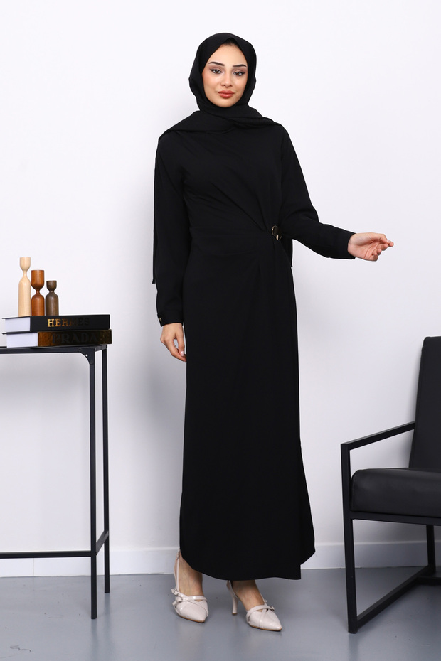 Black Crepe Dress with Draped Buckles on the Front