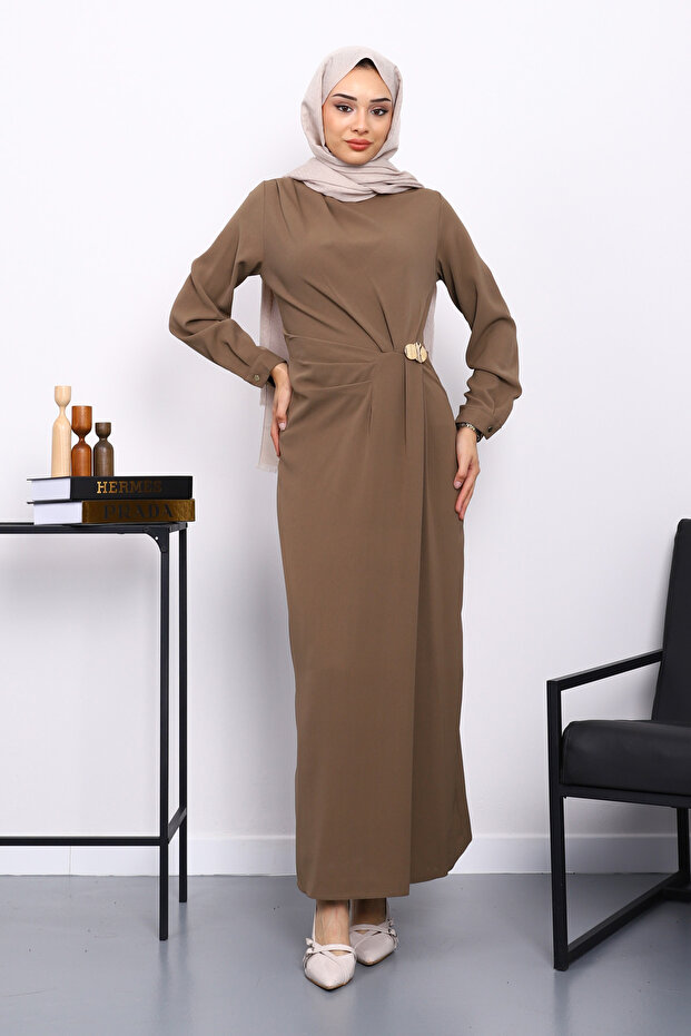 Olive Crepe Dress with Draped Buckles on the Front