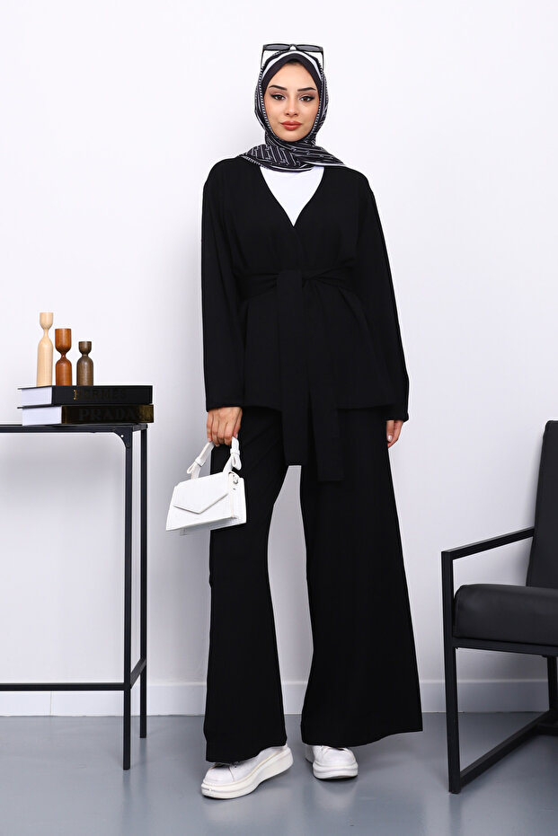 Black Waist Belted Pants Suit