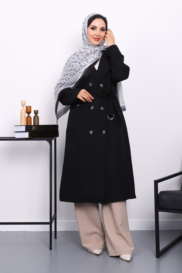 Black Belted Quilted Coat with Pocket Detail