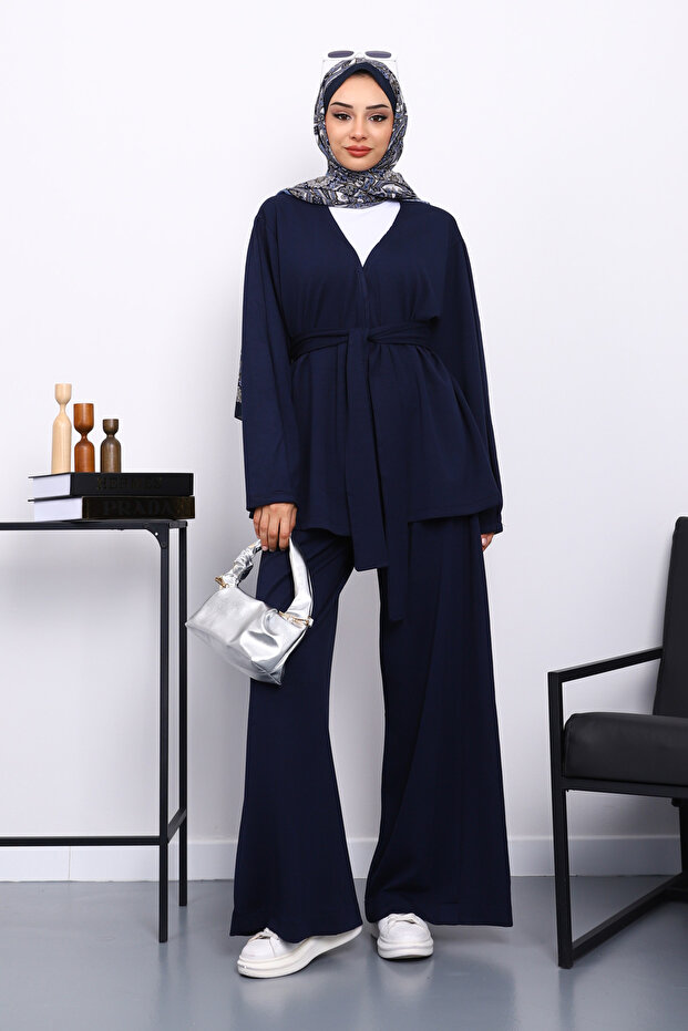 Navy Blue Belted Pants Suit