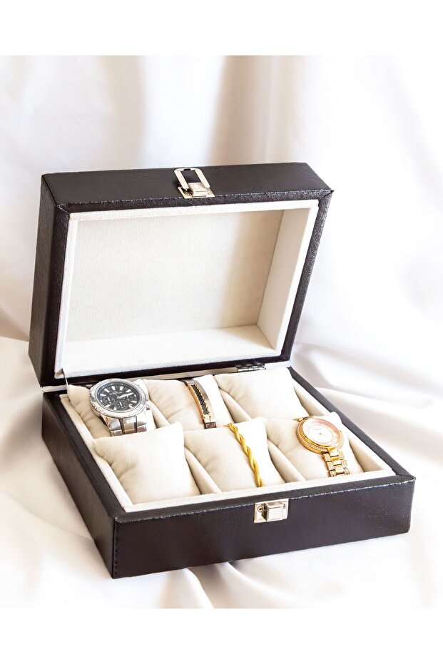 6 Slots Dark Brown Watch Box, Faux Leather Covered, Custom Made, Handmade