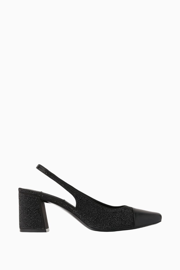 Marcy 65 Crystal Stone, Satin Slingback Block Heel Shoes, Fashionable and Elegant