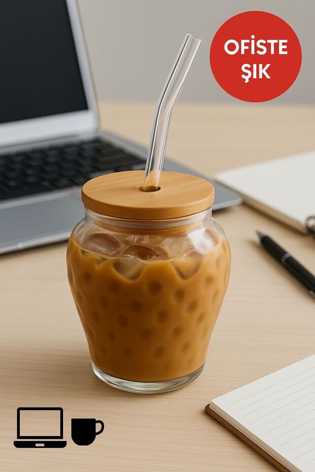 4 Adet Çilek Desenli 400 ml Borosilikat Cam Bardak – Bambu Kapaklı, Cam Pipet Hediyeli - 5