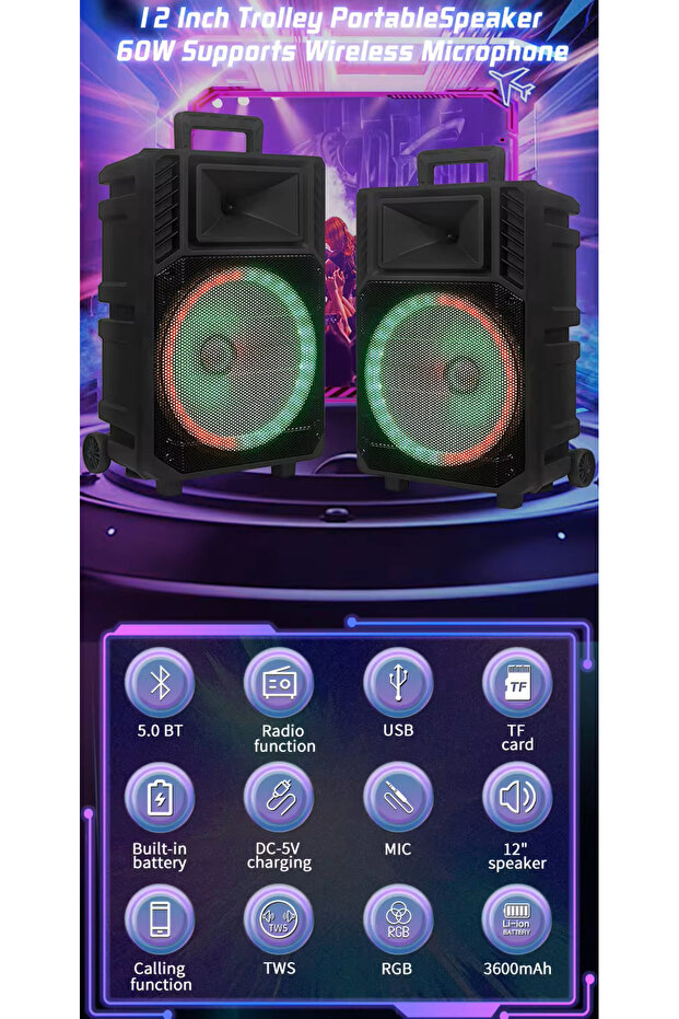 Wireless Bluetooth Speaker with FM Radio, TF Memory Slot, USB Port, Microphone Input, Rechargeable B - 3