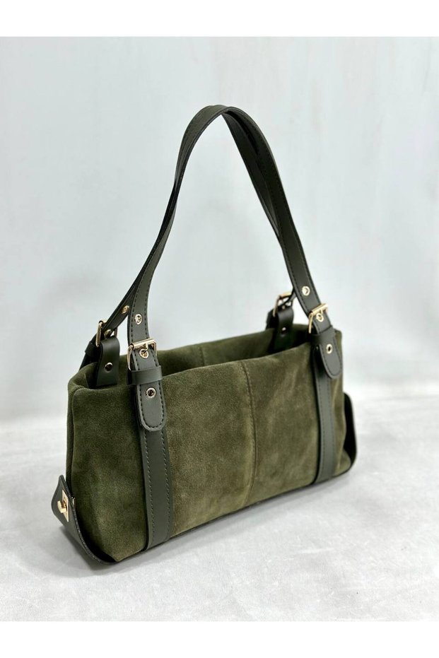 Genuine Suede Leather Women's Shoulder Bag with Lock Detail