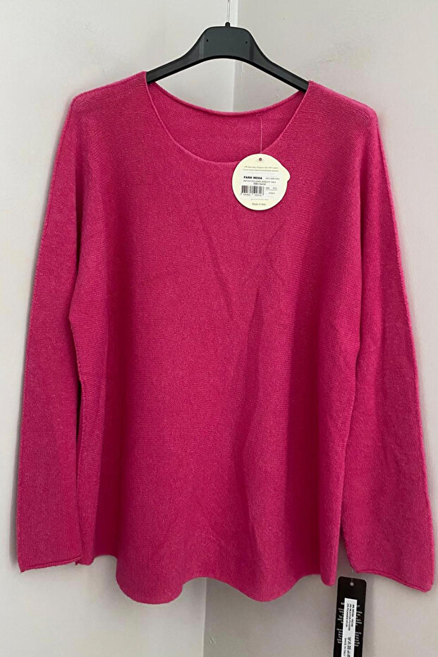 Women's Fuchsia Plain Pattern Crew Neck Long Sleeve Angora Knitwear Blouse Sweater
