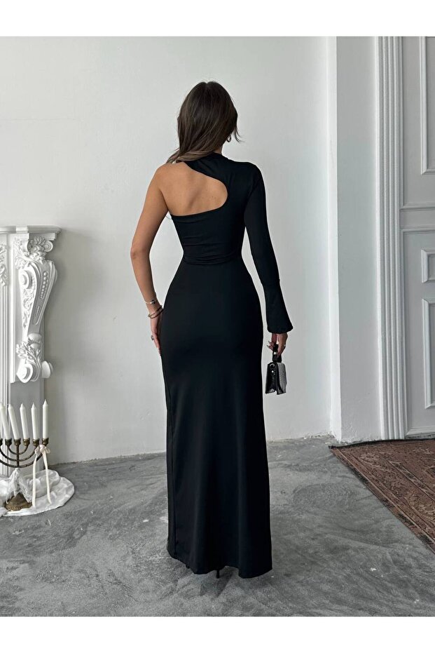 YIRTMAÇ DETAYLI TEK KOL SİYAH UZUN ELBİSE - 5