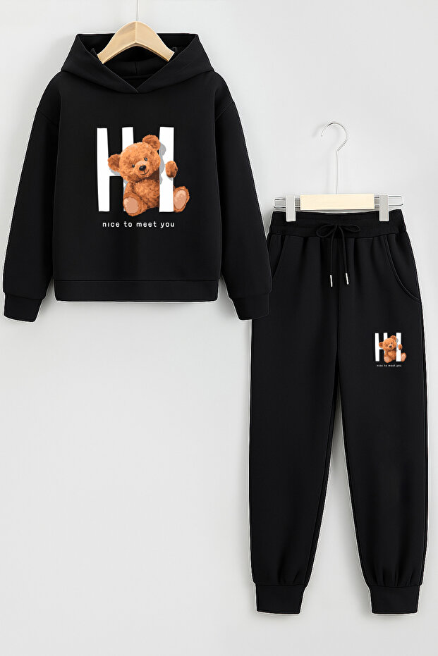 Hi Bear Printed Children's Hooded Premium Compact Sweatshirt Tracksuit Set with Pockets and Drawstrings