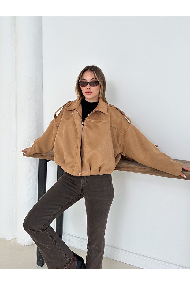 Oversize Süet Bomber Ceket - 1