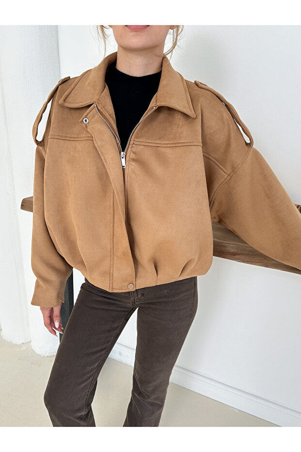 Oversize Süet Bomber Ceket - 4