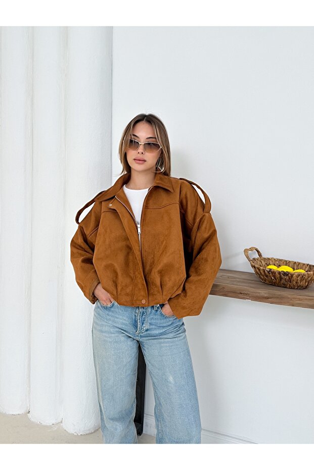 Oversize Süet Bomber Ceket - 5