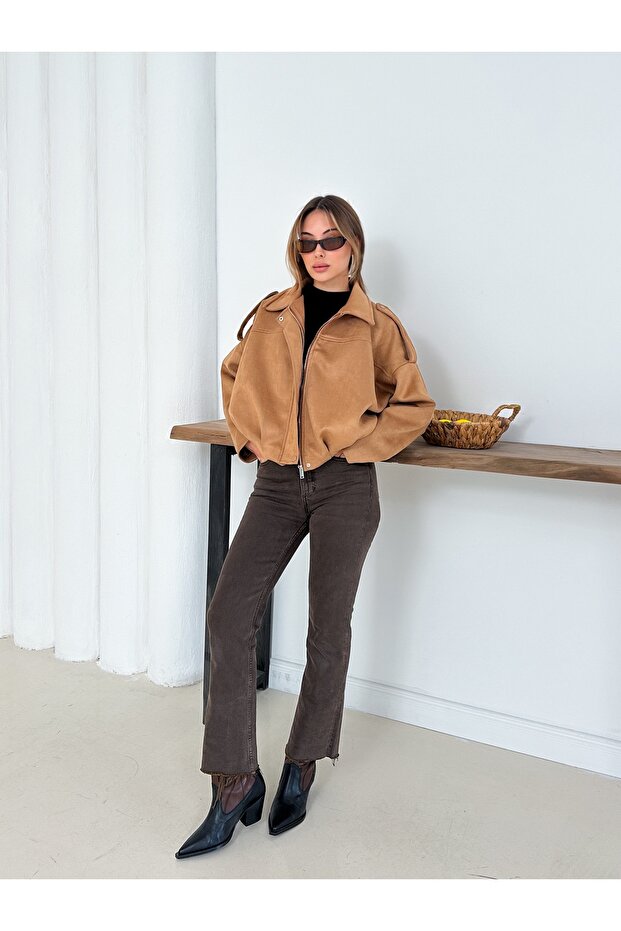 Oversize Süet Bomber Ceket - 5