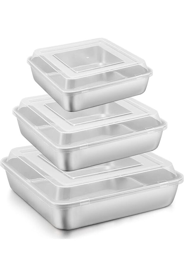 3-Piece Square Baking Pan Set 6 8 9 Inch with Lids Stainless Steel Nonstick Dishwasher Safe