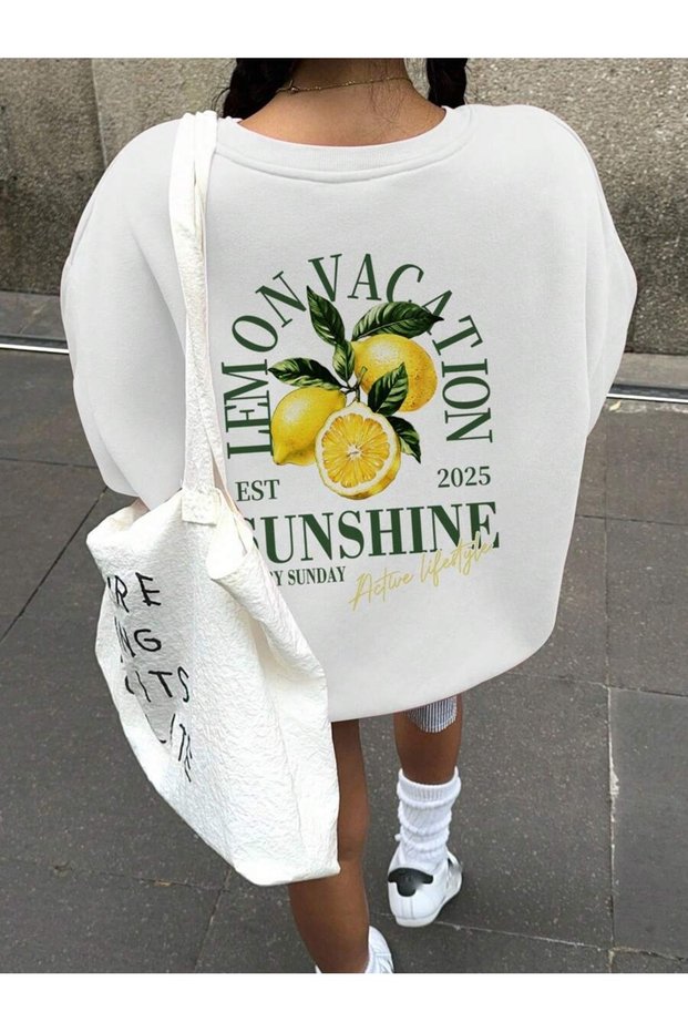 Women's White Lemon Vacation Printed Crew Neck Sweatshirt