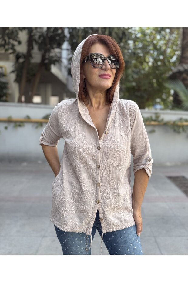 Brode Desen Gömlek Kapüşonlu Bej - 1