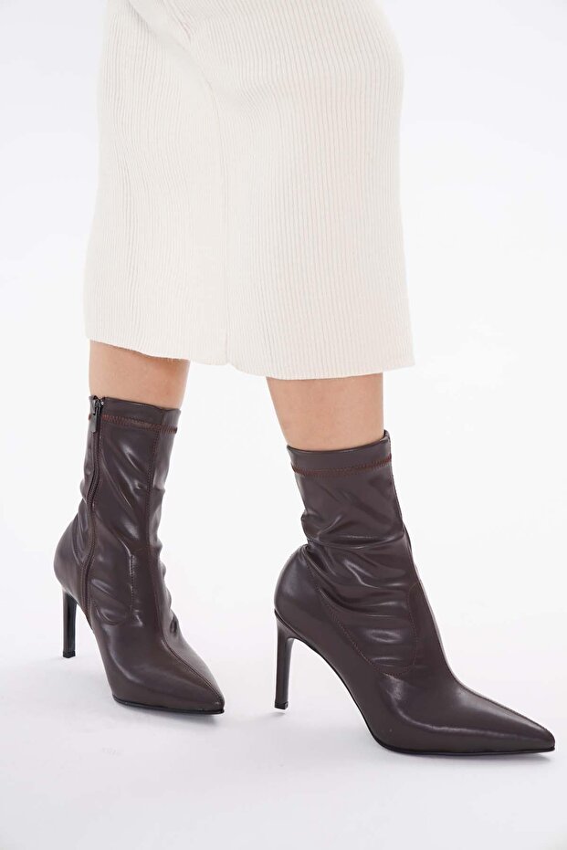 Brown Skin Stretch 8.5 cm Medium Heel Women's Heeled Boots
