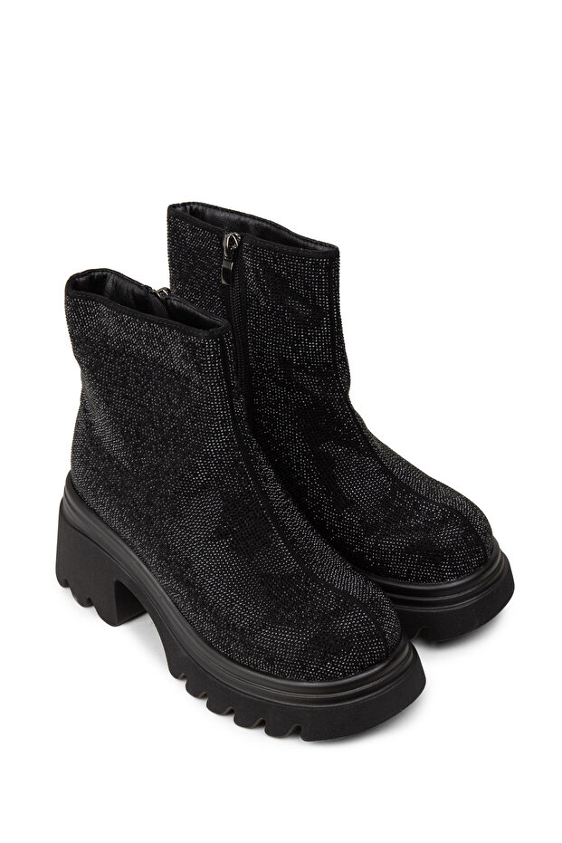 Kadın Siyah Taşlı Fermuarlı Bot - 3