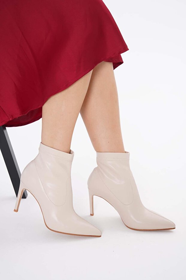 Beige Stretch 8.5 cm Short Women's Heeled Boots