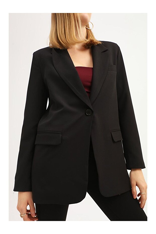 Tek Düğmeli Blazer Ceket Siyah - 4
