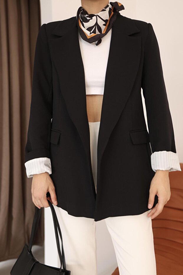 Women's Black Sleeve Detailed Blazer Jacket