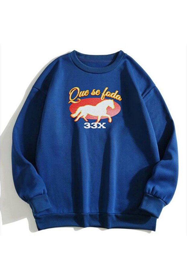 Blue Two Thread Unisex Sweatshirt Dtf Printed Lightweight Loose Fit