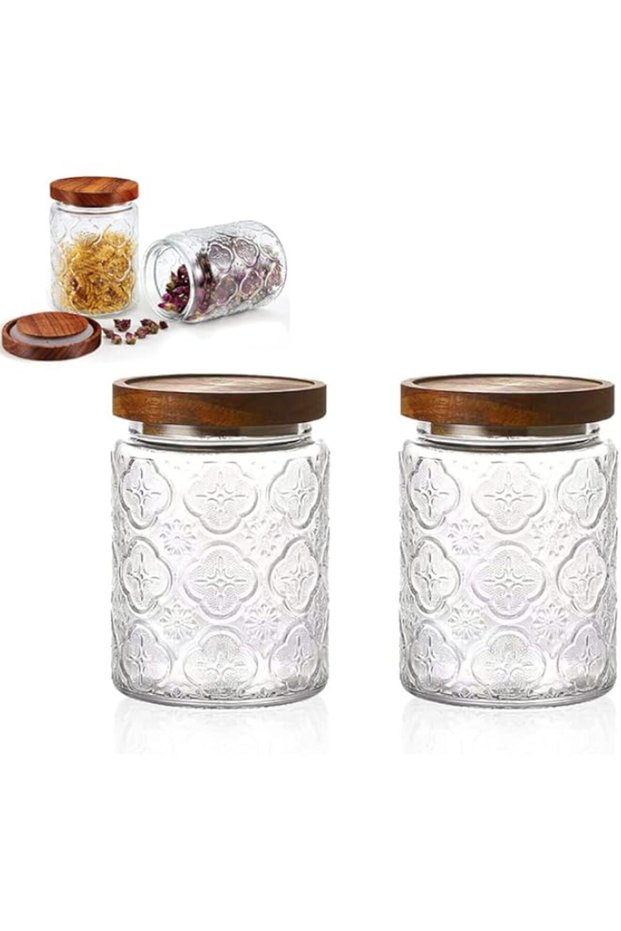 TERRIFI Glass Storage Jars Vintage, 24 oz Glass Food Storage Containers with Airtight Wooden Lid, Ki