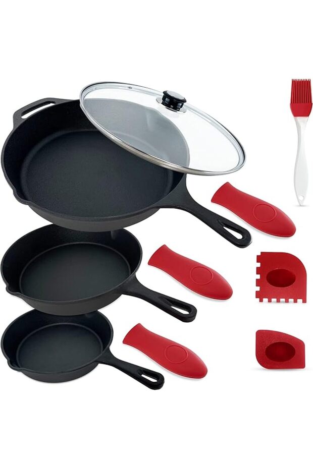 Iron Skillet Set of 3 pcs, Best Heavy-Duty Pan, Pre-Seasoned Non Stick Frying Pans- 11.8”, 10.2”