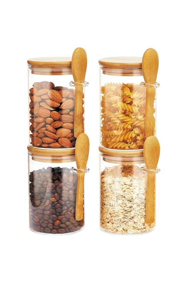 Kameety Glass Jars with Airtight Lid and Spoon, Overnight Oats Containers with Bamboo Lids, Glass Fo