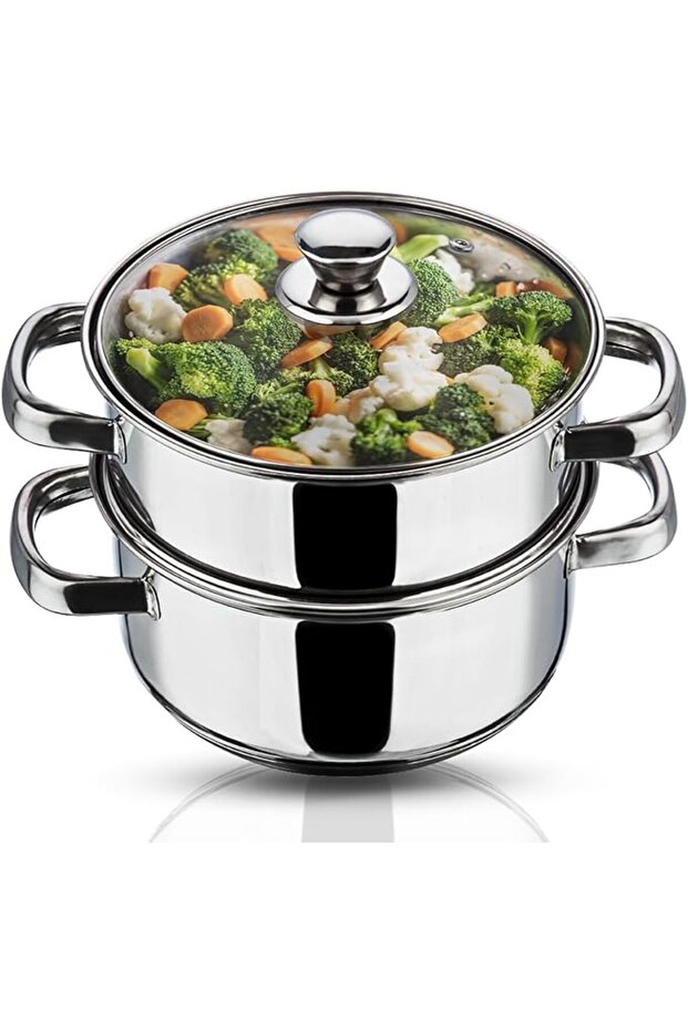 Stainless Steel 2-Tier Steamer – 20cm | Vegetable, Momo Steamer with Glass Lid, Sturdy Handle, Ind