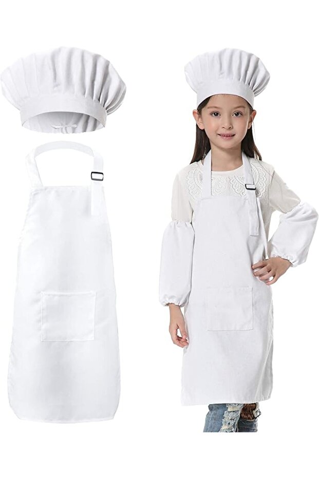 Kids Apron and Chef Hat Set, Adjustable Children Kitchen Chef Apron with Pockets for Cooking Baking