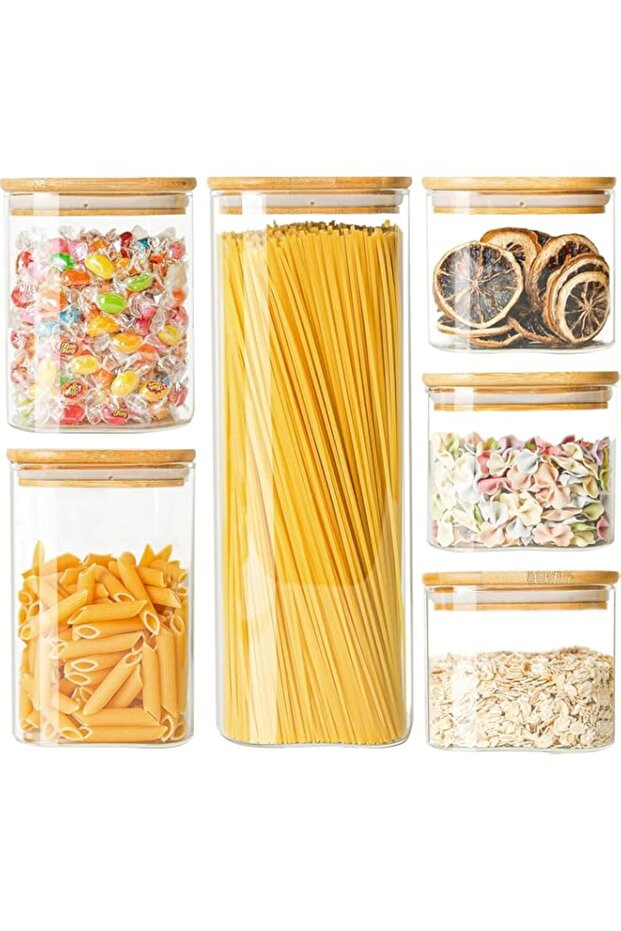 Freeway Glass Square Food Storage Container with Bamboo Lid, Set of 6 Stackable Kitchen Pantry Clear