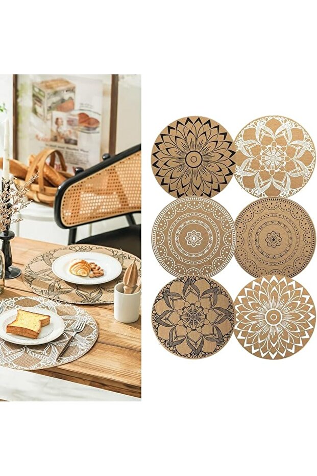 Set of 6 Boho Round Placemats for Dining Table Washable Heat Resistant PVC Placemats Outdoor Table M