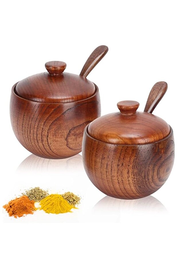 TERRIFI 2 Sets Sugar Bowl with Lid and Spoon, Wooden Condiment Jar Spice Container, Sugar Container,