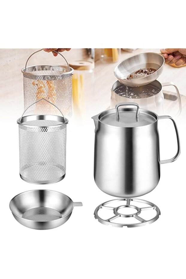 Stainless Steel Oil Filter Pot, 2L/68oz Large Capacity Kitchen Oil Container Bacon Grease Container