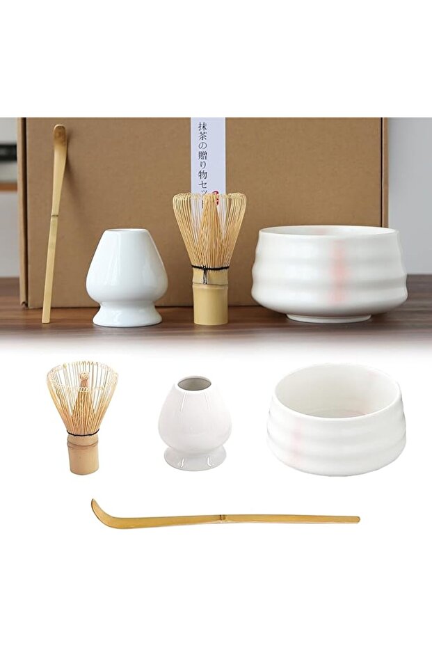 Matcha Set, Whisk and Bowl Ceremony Accessory Kit- Pink Stripe Ceramic Bowl, Whisk, White Holder, Tr