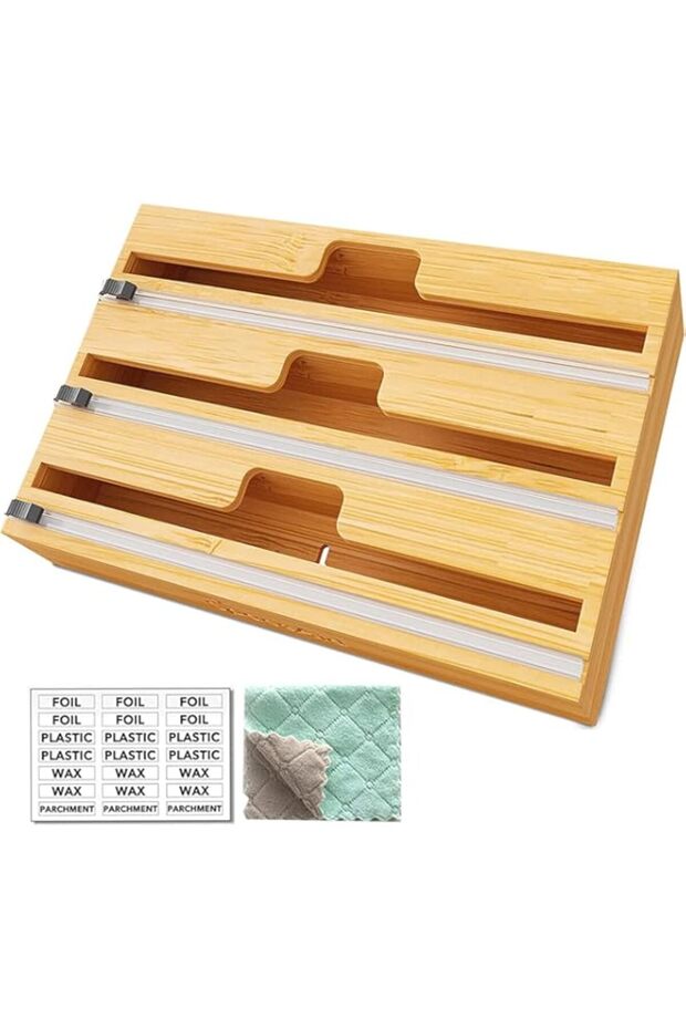 IS MUHE 3 in 1 bamboo plastic wrap dispenser,Bamboo Wood Dispenser with Slide Cutter with stickers a