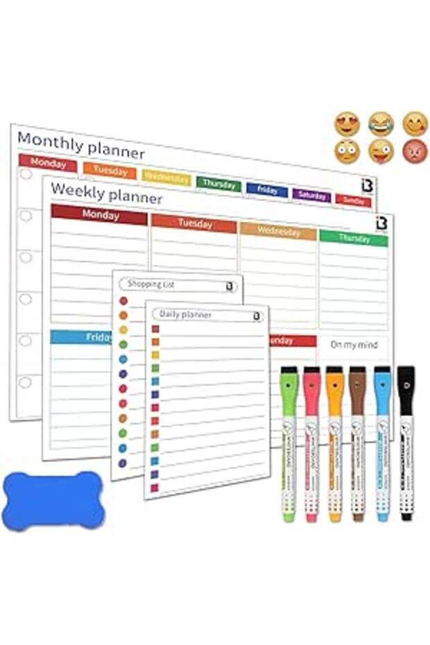 Erase Calendar Set for Fridge – Monthly, Weekly, Daily Planner & Shopping List – Includes 6 Fine