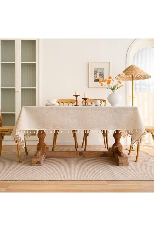 Cotton Linen Table Cloth for Dining Table 8 Seater, Table Cover Picnic Tabletop Decorations, Beige,