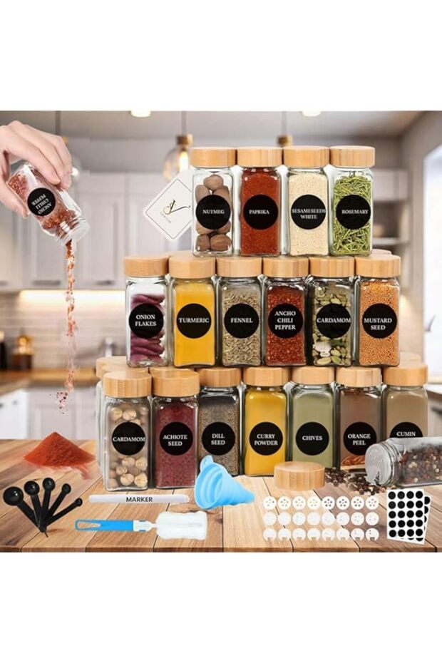 Viewstar 24Pcs Spice Jar Organizer-Kitchen with Labels & 5 Spoon-120ml(4oz) Glass Spice Jars with Ba