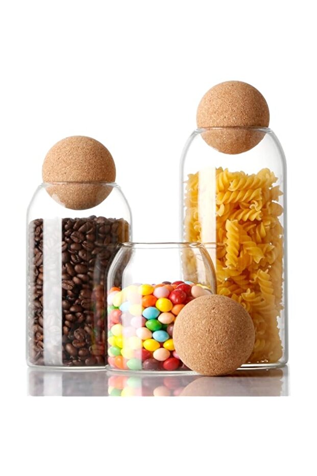 VAODO 3 Pcs Glass Jars, with Spherical Cork Lid, Sealed Transparent Storage Jars for Kitchen Food Gl