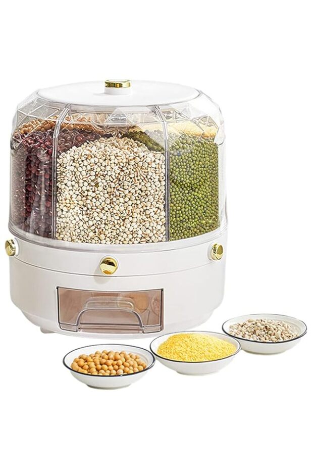 Besmall Grain Dispenser 360° Rotating 6-Grid,13 lbs Large Cereal Dispenser, Dry Food Storage Contai