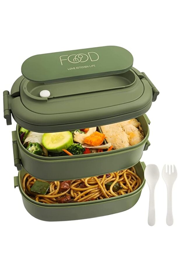 Bento Box: 1550ml With 3 Compartments for Kids and Adults - Leakproof Japanese Stackable Lunch Container With Handle for School & Office Meal Prep