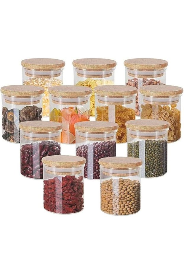 VOIDROP-Set of 12 Borosilicate Round Glass Food Storage Containers, Spice Jar, Glass Jar with Airtig